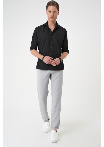 Slim Fit Gofre Kumaş Desenli Kısa Kol Siyah Gömlek G 1592