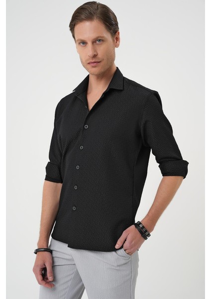 Slim Fit Gofre Kumaş Desenli Kısa Kol Siyah Gömlek G 1592 fırsatları