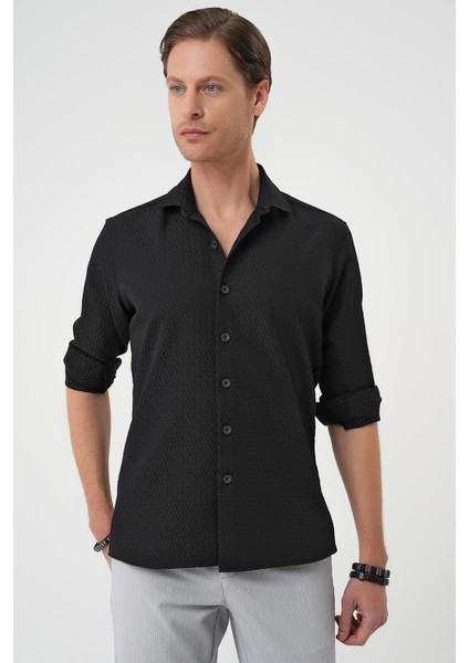 Slim Fit Gofre Kumaş Desenli Kısa Kol Siyah Gömlek G 1592 indirimleri