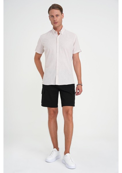 Comfort Fit Düğme Yaka Kısa Kol %100 Keten Düz Bej Gömlek G 1596