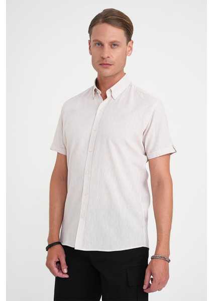 Comfort Fit Düğme Yaka Kısa Kol %100 Keten Düz Bej Gömlek G 1596 fiyatları