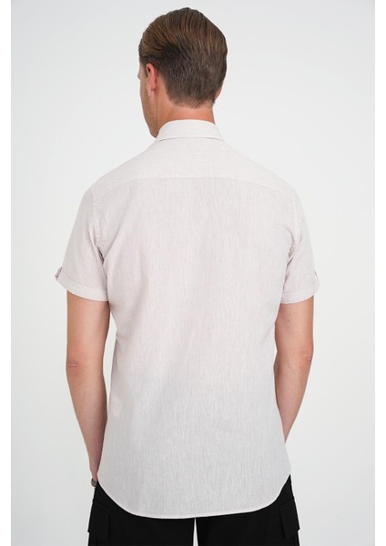 Comfort Fit Düğme Yaka Kısa Kol %100 Keten Düz Bej Gömlek G 1596 fırsatları