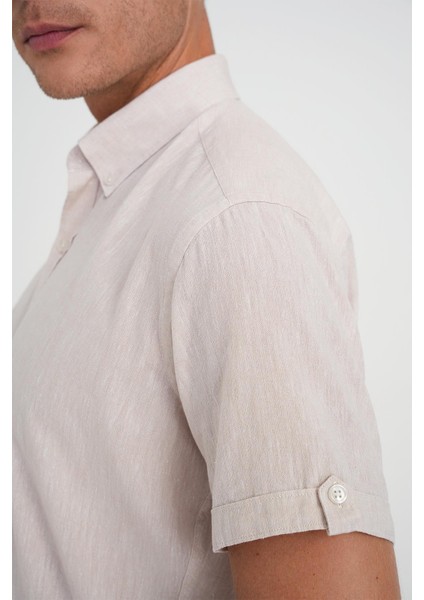 Comfort Fit Düğme Yaka Kısa Kol %100 Keten Düz Bej Gömlek G 1596 indirimleri