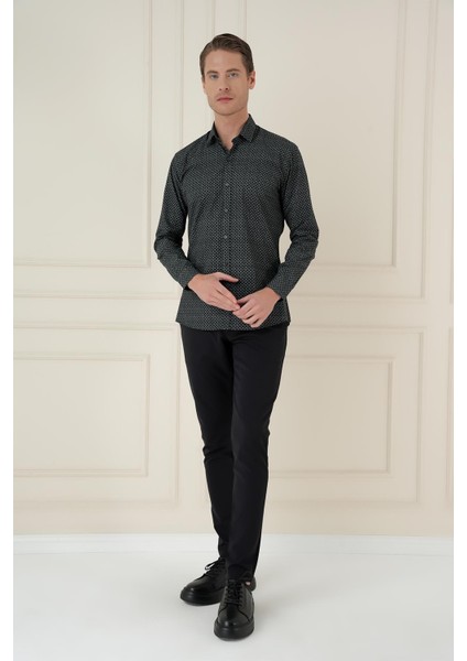 Slim Fit Baskılı %100 Pamuk Spor Lacivert Gömlek G 1588