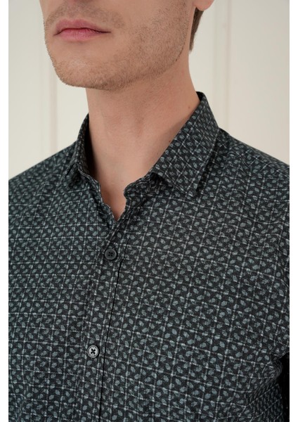 Slim Fit Baskılı %100 Pamuk Spor Lacivert Gömlek G 1588 indirimleri