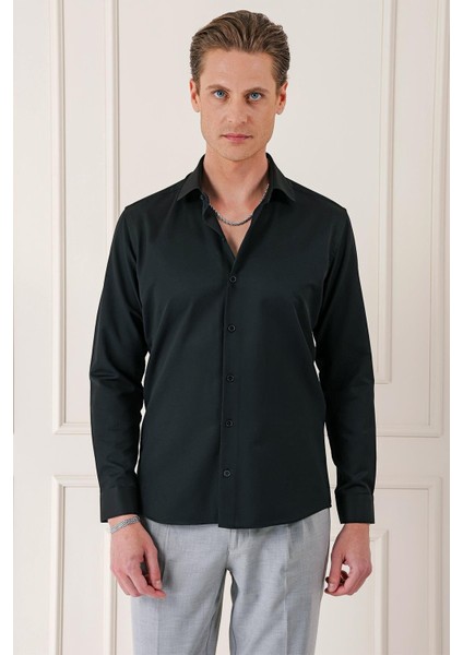 Gk 718 Slim Fit Dokulu Pamuklu Klasik Siyah Gömlek
