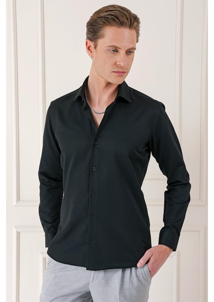 Gk 718 Slim Fit Dokulu Pamuklu Klasik Siyah Gömlek fırsatları