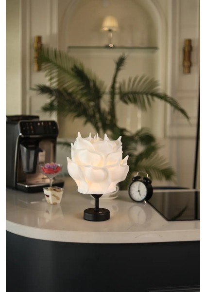 Beyaz Eva Gül Tasarım Şarjlı Masa Lambası - Alt Siyah