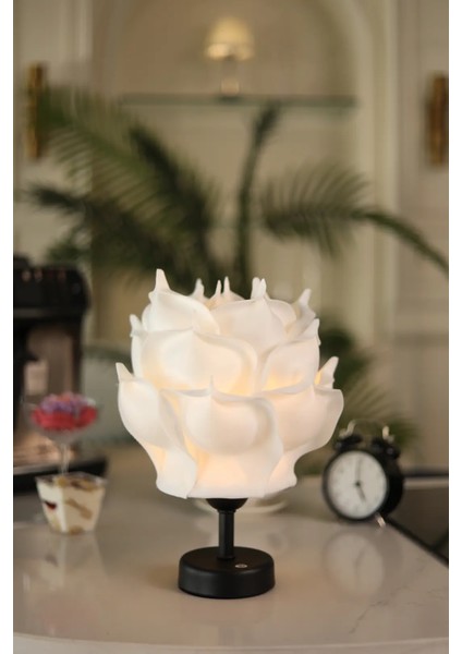 Beyaz Eva Gül Tasarım Şarjlı Masa Lambası - Alt Siyah fiyatları
