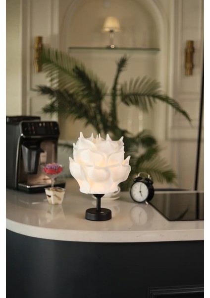 Beyaz Eva Gül Tasarım Şarjlı Masa Lambası - Alt Siyah modelleri