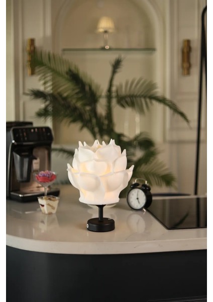Beyaz Eva Gül Tasarım Şarjlı Masa Lambası - Alt Siyah fırsatları