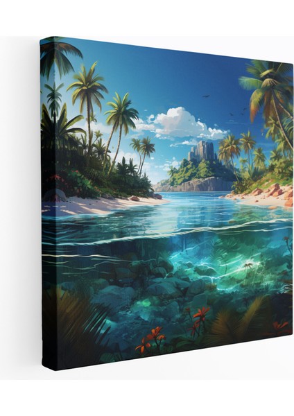 Deniz Manzaralı Kanvas Tablo - Palmiye Ağaçları ile Doğal Deniz Manzaralı Kanvas Tablo