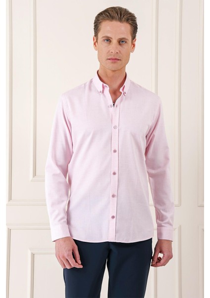 Slim Fit Düğmeli Yaka Dokulu %100 Pamuk Klasik Pudra Gömlek Gk 724