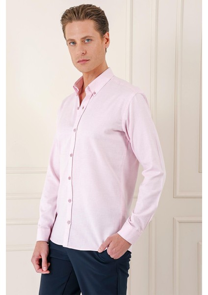 Slim Fit Düğmeli Yaka Dokulu %100 Pamuk Klasik Pudra Gömlek Gk 724 modelleri