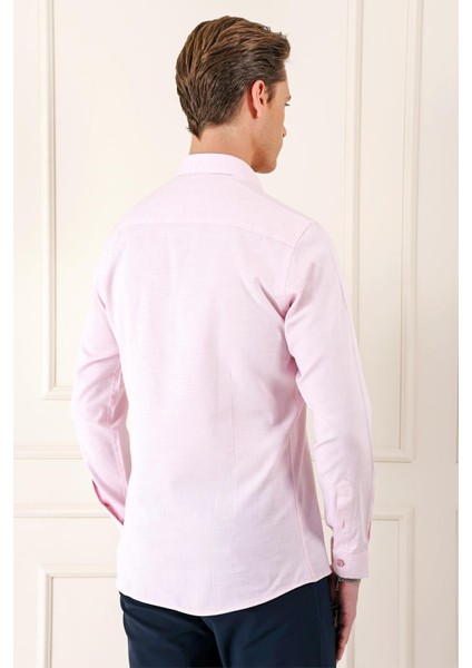 Slim Fit Düğmeli Yaka Dokulu %100 Pamuk Klasik Pudra Gömlek Gk 724 indirimleri
