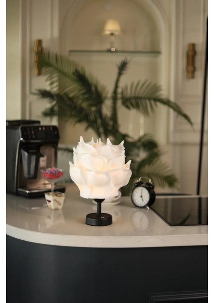 Beyaz Eva Gül Tasarım Şarjlı Masa Lambası - Alt Siyah indirimleri