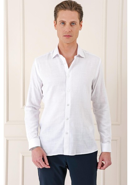 Comfort Fit Balıksırtı Dokuma %100 Pamuk Klasik Beyaz Gömlek Gk 722