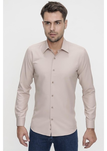 Slim Fit Pamuk Saten Klasik Bej Gömlek Gk 624