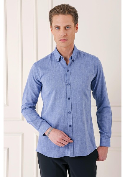 Slim Fit Düğmeli Yaka %100 Pamuk Klasik Mavi Gömlek Gk 723