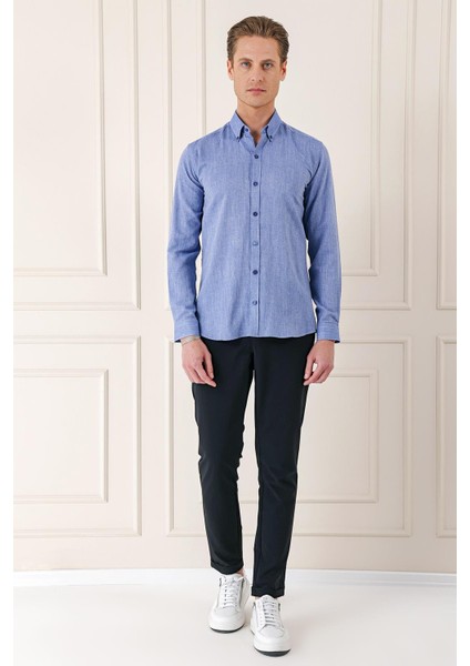 Slim Fit Düğmeli Yaka %100 Pamuk Klasik Mavi Gömlek Gk 723 fiyatları