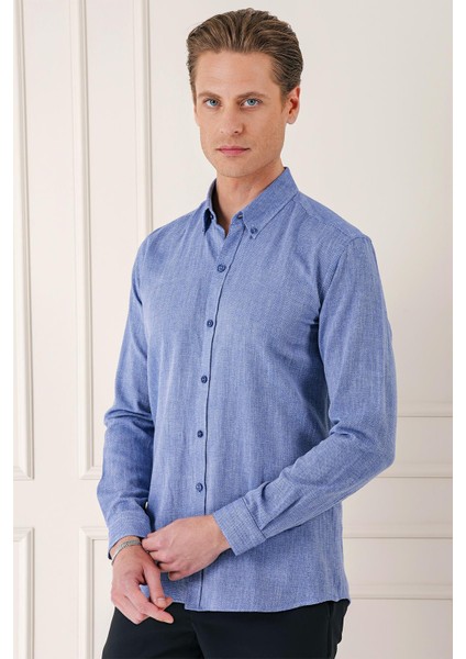 Slim Fit Düğmeli Yaka %100 Pamuk Klasik Mavi Gömlek Gk 723 modelleri