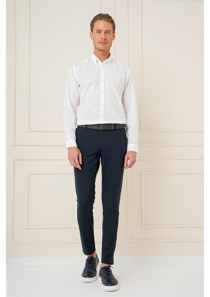 Slim Fit Düğmeli Yaka Dokulu %100 Pamuk Klasik Beyaz Gömlek Gk 726