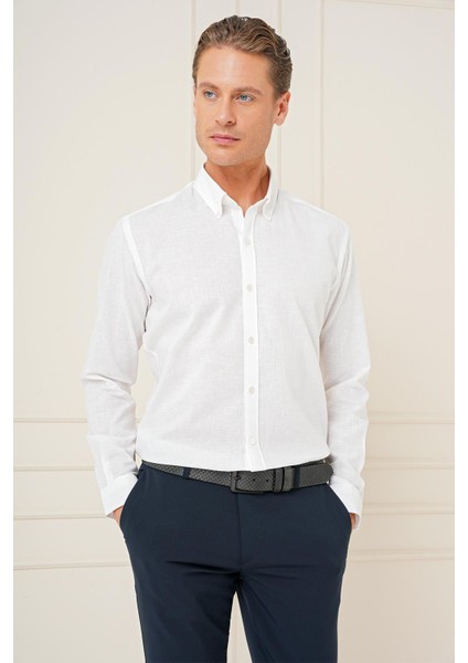 Slim Fit Düğmeli Yaka Dokulu %100 Pamuk Klasik Beyaz Gömlek Gk 726