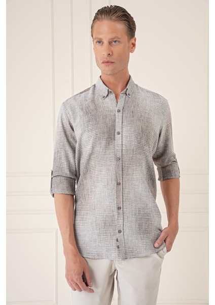 Comfort Fit Batik Desen %100 Keten Bej Gömlek G 1571 fiyatları