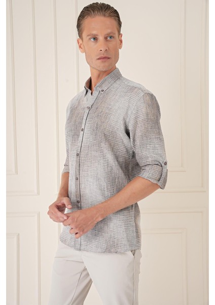 Comfort Fit Batik Desen %100 Keten Bej Gömlek G 1571 fırsatları