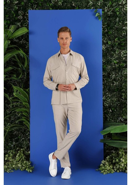 G 1552 Slim Fit Bej Klasik Gömlek