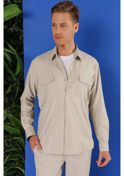 G 1552 Slim Fit Bej Klasik Gömlek fırsatları