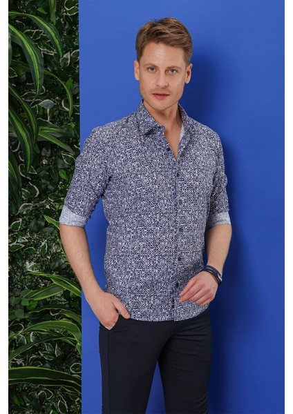 G 1541 Slim Fit Lacivert Klasik Gömlek