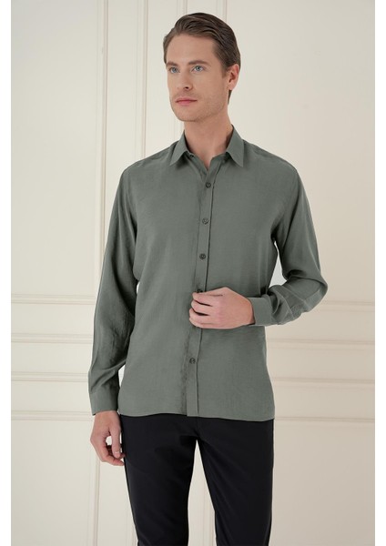 Slim Fit %100 Modal Uzun Kol Klasik Haki Gömlek Gk 743 modelleri