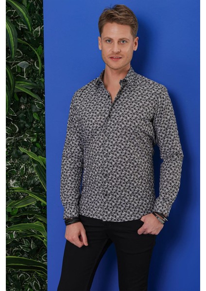 G 1547 Slim Fit Siyah-Beyaz Klasik Gömlek