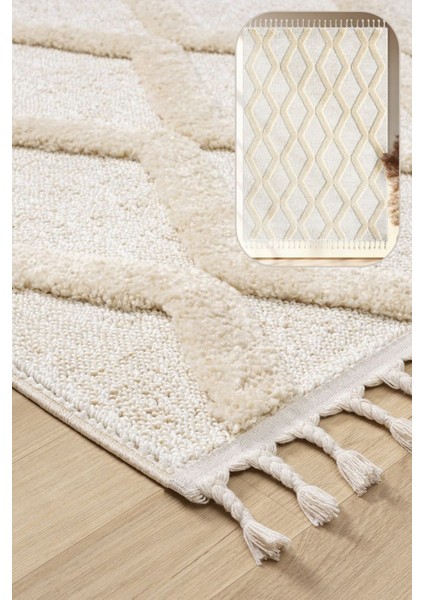 Mılan Krem Bej Yumuşak Bukleli ve Havlı Iskandinav Makine Dokuma Halı Oturma Odası Salon Mutfak Antre