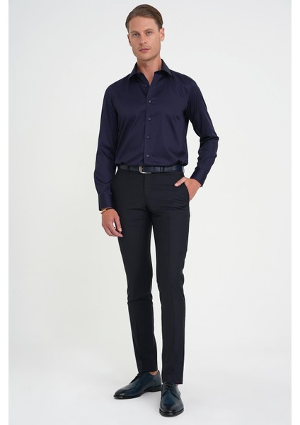Slim Fit %100 Pamuk Non Iron Kumaş Klasik Lacivert Gömlek Gk 734