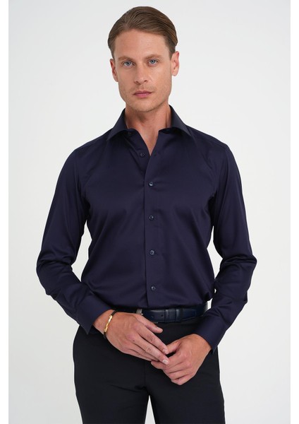 Slim Fit %100 Pamuk Non Iron Kumaş Klasik Lacivert Gömlek Gk 734 modelleri