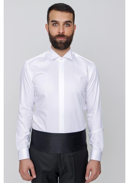Slim Fit Duble Manşet Ata Yaka Ekru Damatlık Smokin Gömlek Gk 148 indirimleri