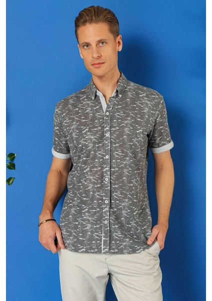 Slim Fit Düğmeli Yaka Desenli Kısa Kol Pamuk Füme Gömlek G 1499