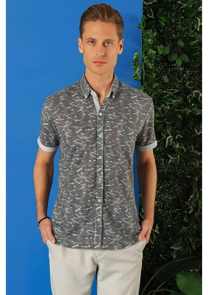 Slim Fit Düğmeli Yaka Desenli Kısa Kol Pamuk Füme Gömlek G 1499 fiyatları