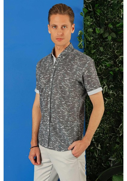Slim Fit Düğmeli Yaka Desenli Kısa Kol Pamuk Füme Gömlek G 1499 modelleri