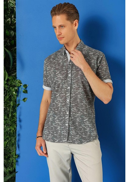 Slim Fit Düğmeli Yaka Desenli Kısa Kol Pamuk Füme Gömlek G 1499 fırsatları