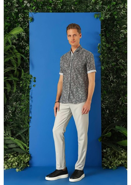Slim Fit Düğmeli Yaka Desenli Kısa Kol Pamuk Füme Gömlek G 1499 indirimleri