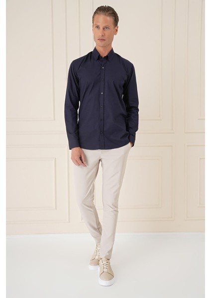 Slim Fit Düğmeli Yaka Dokulu %100 Pamuk Klasik Lacivert Gömlek Gk 726