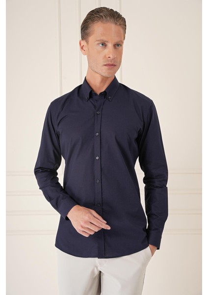 Slim Fit Düğmeli Yaka Dokulu %100 Pamuk Klasik Lacivert Gömlek Gk 726 fiyatları