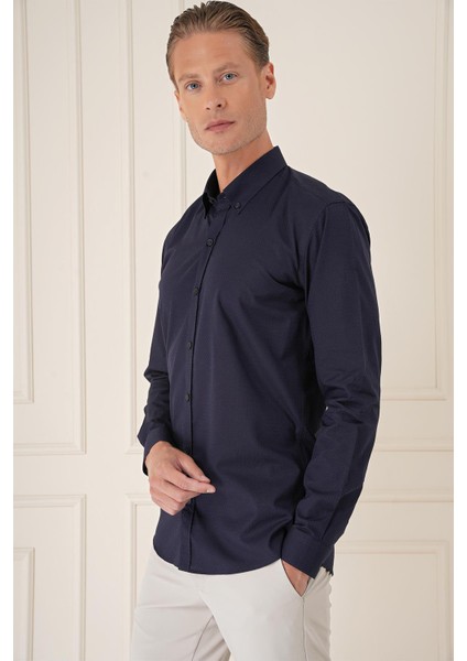 Slim Fit Düğmeli Yaka Dokulu %100 Pamuk Klasik Lacivert Gömlek Gk 726 modelleri