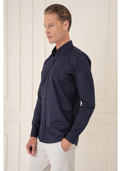 Slim Fit Düğmeli Yaka Dokulu %100 Pamuk Klasik Lacivert Gömlek Gk 726 fırsatları