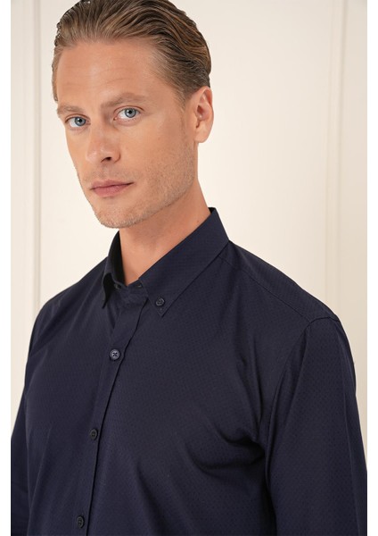 Slim Fit Düğmeli Yaka Dokulu %100 Pamuk Klasik Lacivert Gömlek Gk 726 indirimleri