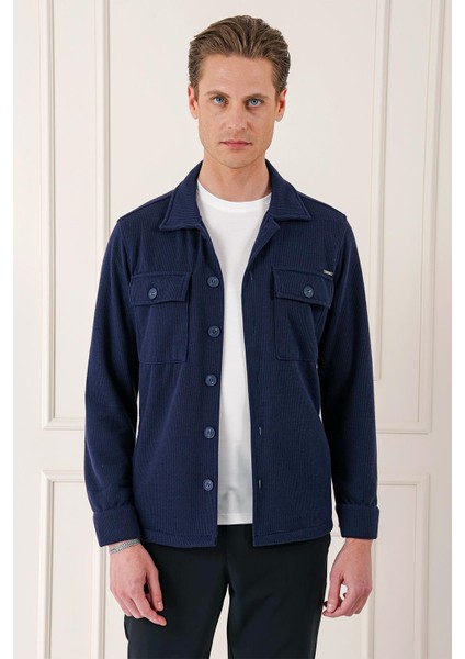 Comfort Fit Kapaklı Cep Fitilli Dokuma Esnek Pamuk Lacivert Gömlek Ceket G 1561
