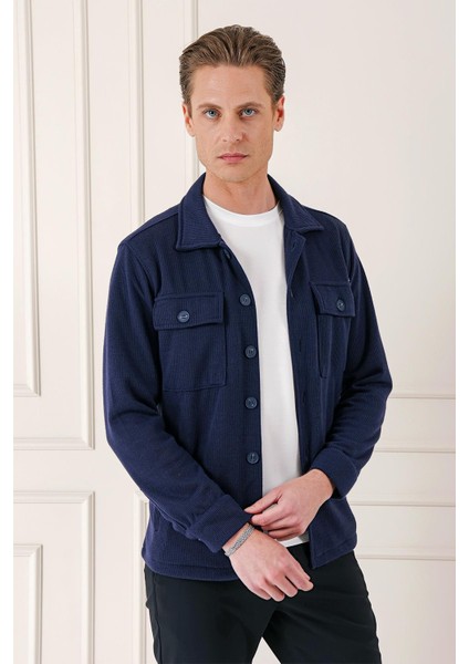 Comfort Fit Kapaklı Cep Fitilli Dokuma Esnek Pamuk Lacivert Gömlek Ceket G 1561 fırsatları